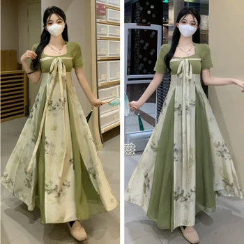 2023, модное платье династии Сун в китайском стиле, повседневное платье hanfu, женское повседневное зеленое платье феи ципао, вечернее платье hanfu