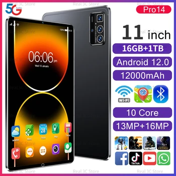 Глобальная версия Новые планшеты Pro14 Android 12 Deca Core 16GB + 1T Двойной телефонный звонок 5G LTE Bluetooth WiFi Планшетный ПК Google