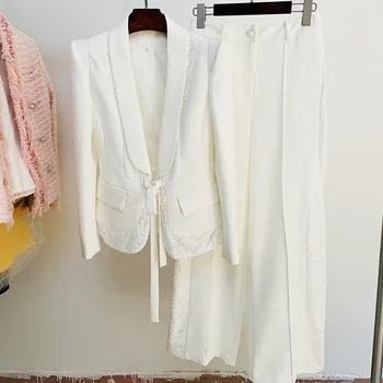 Весенне-летние женские Высококачественные Белые кружевные блейзеры в стиле пэчворк, куртки + широкие брюки, комплект из двух предметов C986
