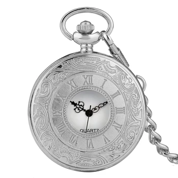 Карманные часы с серебристой крышкой, Классический полупустой корпус с римскими цифрами, Карманные часы с подвеской на тонкой цепочке из сплава