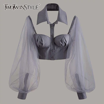 TWOTWINSTYLE Элегантная Открытая Женская рубашка с воротником-фонариком и длинным рукавом в стиле пэчворк, Сетчатая короткая блузка для женской моды