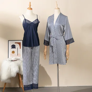 Женские Пижамные комплекты из 3 предметов, Весенне-Осенняя Домашняя одежда, Атласная пижама в полоску с принтом, Банный халат M-XL