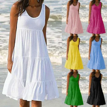Женское мини-платье с круглым вырезом, без рукавов, с оборками, Однотонный пляжный сарафан в стиле Бохо, Свободное платье Большого размера, Летняя ослепительная пляжная юбка 2023