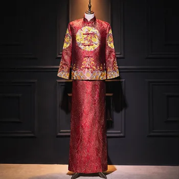 Винтажный мужской костюм с вышивкой дракона высокого качества, традиционное свадебное платье жениха