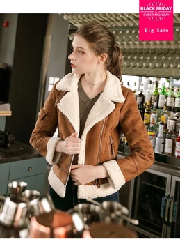 Модный бренд, бархат из искусственной овечьей шерсти, замшевая куртка thikcer, женский уличный стиль, воротник из искусственного меха, теплая кожаная куртка, пальто wq424