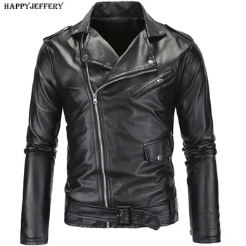 Новые повседневные тонкие мужские кожаные куртки, модные мужские однотонные мотоциклетные куртки на молнии с отложным воротником, кожаные пальто LC01