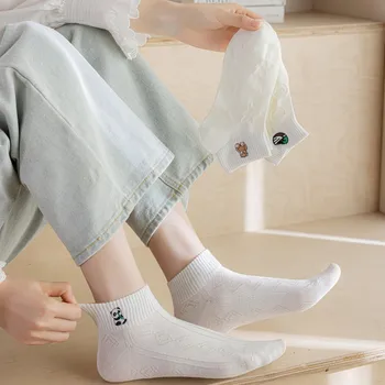 Модные Новые Белые хлопковые женские короткие носки Kawai с сердечками, Дышащие Летние белые носки для девочек с милым рисунком, Комплект из 5 пар