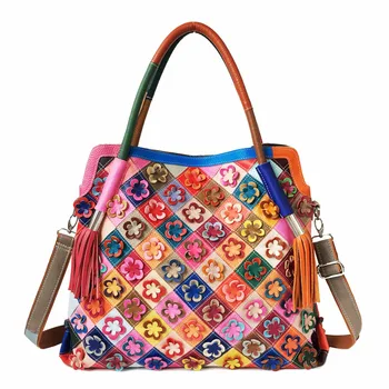 Сумка из натуральной коровьей кожи ручной работы, Цветная Цветочная строчка, сумка-мессенджер с кисточками, женская сумочка