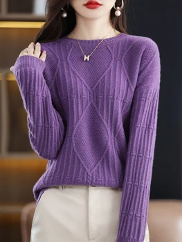 2023 Высококачественный Женский осенне-зимний свитер из 100% чистой шерсти, новый вязаный свитер с круглым вырезом, свободный иностранный стиль, к нему все подходит