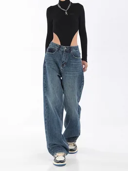 y2k весенне-летние выстиранные свободные хлопчатобумажные джинсы с высокой талией 2023, модные универсальные прямые повседневные широкие женские брюки