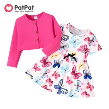PatPat, 2 шт., платье с короткими рукавами и кардиганом на пуговицах для маленьких девочек
