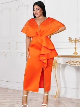 Оранжевые вечерние платья для женщин, большие размеры, V-образный вырез, бисерная накидка, рукав Миди, Длинные платья для выпускного вечера, коктейля, платья 3XL 4XL