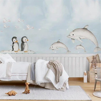 Пользовательские обои с изображением Пингвина и дельфина для детской комнаты, обои для мальчиков, украшение спальни, настенные наклейки, домашний декор