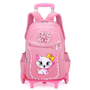 Детский школьный рюкзак с милым котом на 6 колесах, школьная сумка на колесиках, сумка-тележка для подъема по лестнице, Студенческий рюкзак для девочек