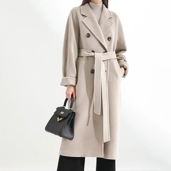 Осеннее женское пальто 2023, однотонное Двубортное пальто средней длины с поясом, Зимняя Свободная Повседневная Женская верхняя одежда Больших размеров