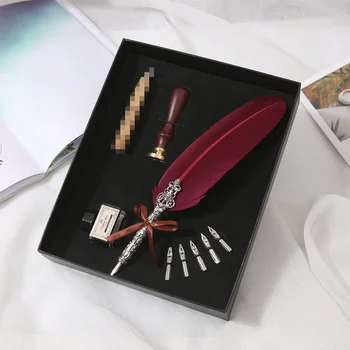 Подарочная ручка в стиле ретро из Европы и США, набор перьевых ручек, подарочный набор из натуральных перьев, высококлассные металлические ручки-карандаши