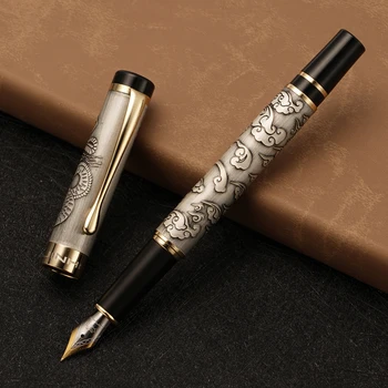 Винтажная серая перьевая ручка Jinhao 5000 класса Люкс из металла с красивой текстурой Дракона, вырезанной по облакам, EF/F/M /Bent, Офисная деловая чернильная ручка