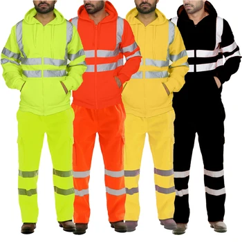 Светоотражающие костюмы для мужчин, толстовка со светоотражающими полосками с капюшоном и флисовые брюки Hi Vis, рабочая одежда повышенной видимости для мужчин