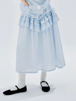 imakokoni голубая газовая кружевная юбка трапециевидной формы, женское летнее тонкое дневное платье 234182