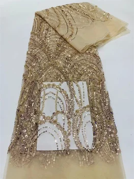 Французское Роскошное Классическое Золотое Тяжелое тюлевое кружево ручной работы 2023, Высококачественная Африканская ткань с блестками и жемчугом для вечернего платья невесты