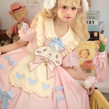 Японское платье в стиле Кавайной Лолиты, Женское платье с Милым Бантом и Рисунком Мультяшного Кролика, платья с открытыми плечами и коротким рукавом, одежда в стиле Харадзюку для девочек
