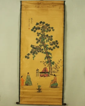 Старинная картина в традиционном китайском стиле, 3 человека под деревом, слушающие цитру, живопись, роспись свитками, старая бумажная живопись