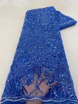 2022 Новейшая Синяя африканская кружевная ткань с блестками, Роскошная мода, расшитая бисером, Нигерийские кружевные ткани Для Свадебного платья